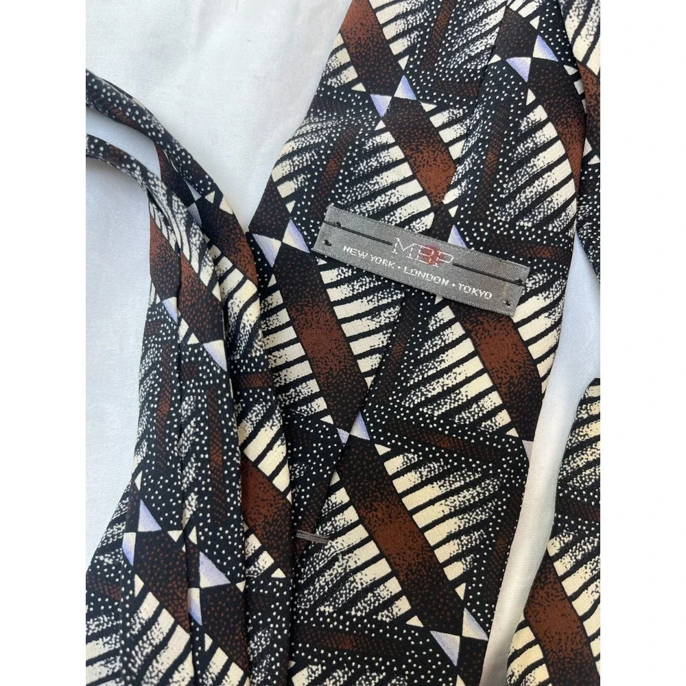 MBP Mens Silk Tie Geometric Abstract Pattern Brown‎ Black Ivory Vintage